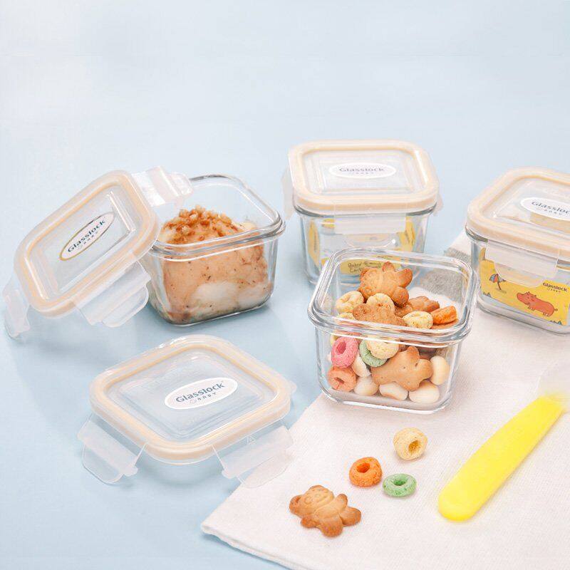 Glasslock韩国进口钢化玻璃婴儿辅食盒微波炉保鲜盒三件套(方形)210ml*3 GL544