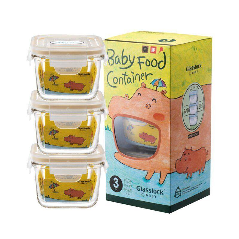 Glasslock韩国进口钢化玻璃婴儿辅食盒微波炉保鲜盒三件套(方形)210ml*3 GL544