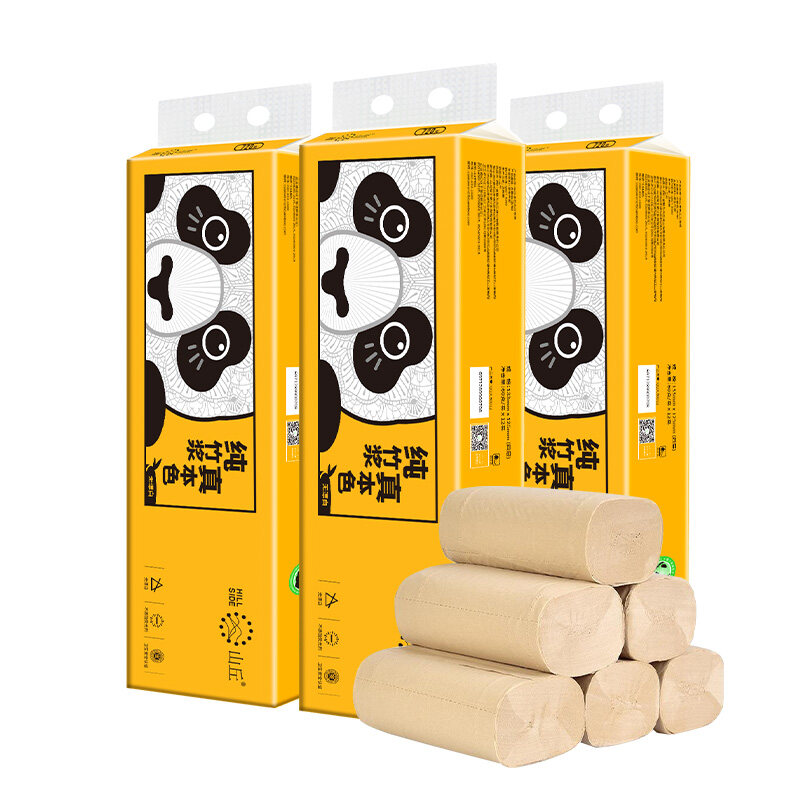 山丘QQ系列 竹浆本色四层无芯卷纸720g熊猫装*3提