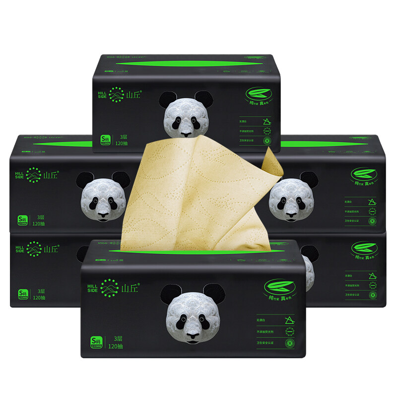 山丘PandaPoo 竹浆本色三层抽取式纸面巾120抽S码6包提装